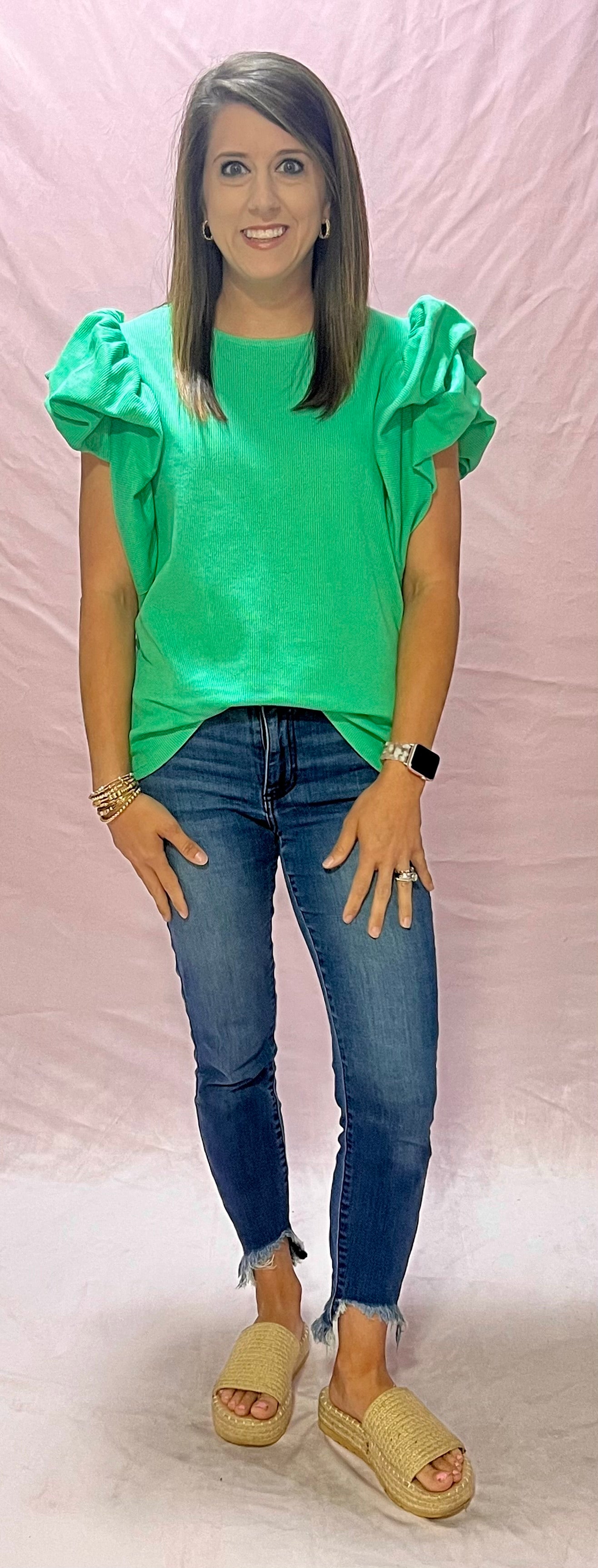 Green Ruffle Sleeve Top