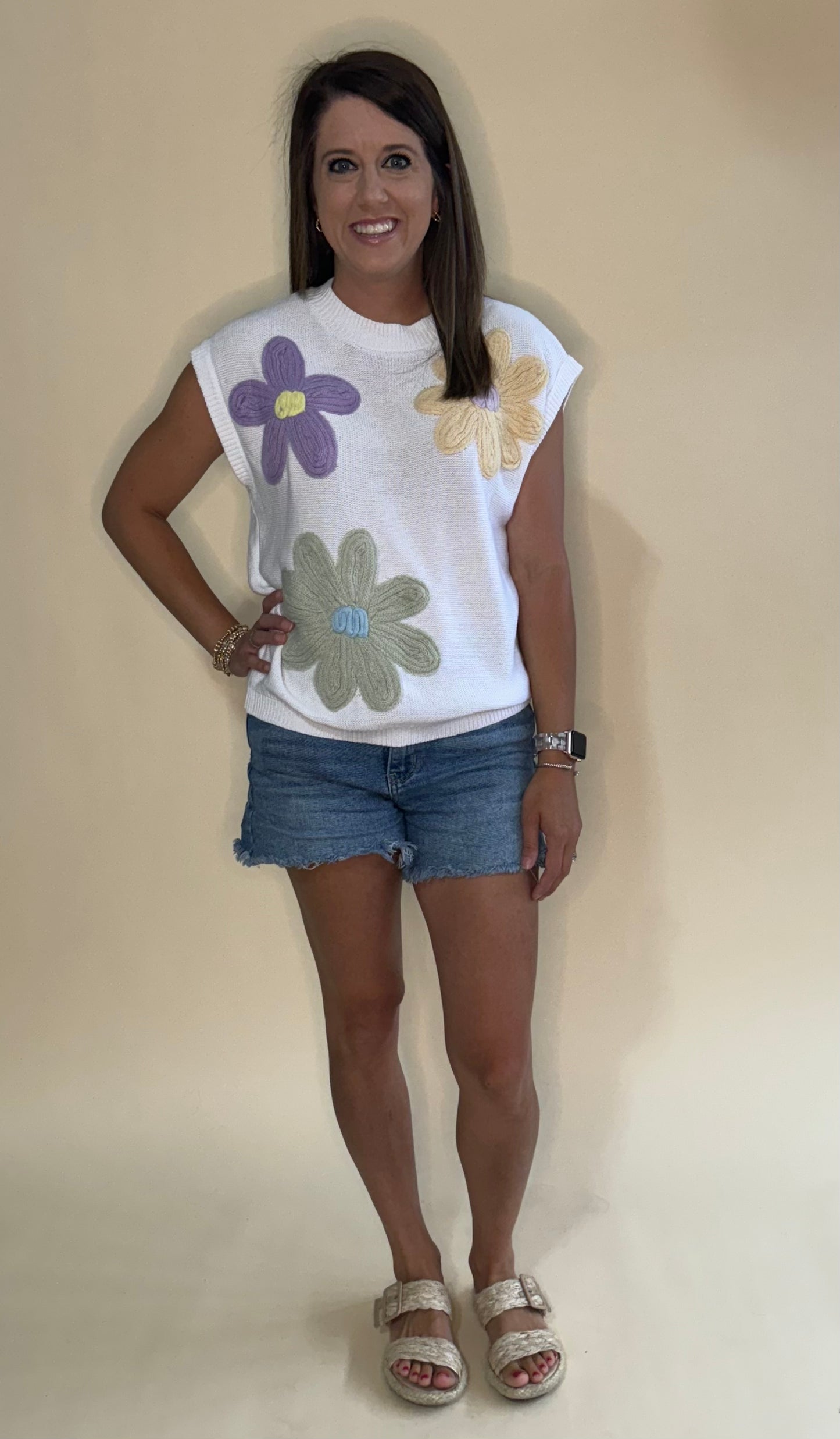 Multi Crochet Flower Knit Short Sleeve Sweater Top