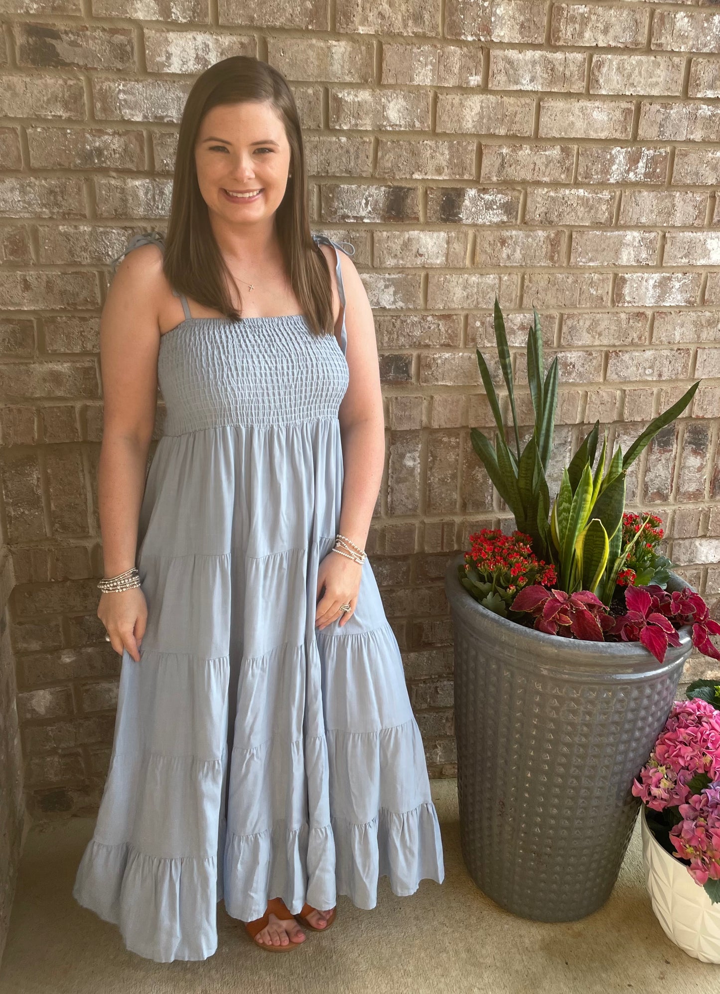 Blue Tie Smocked Maxi Dress