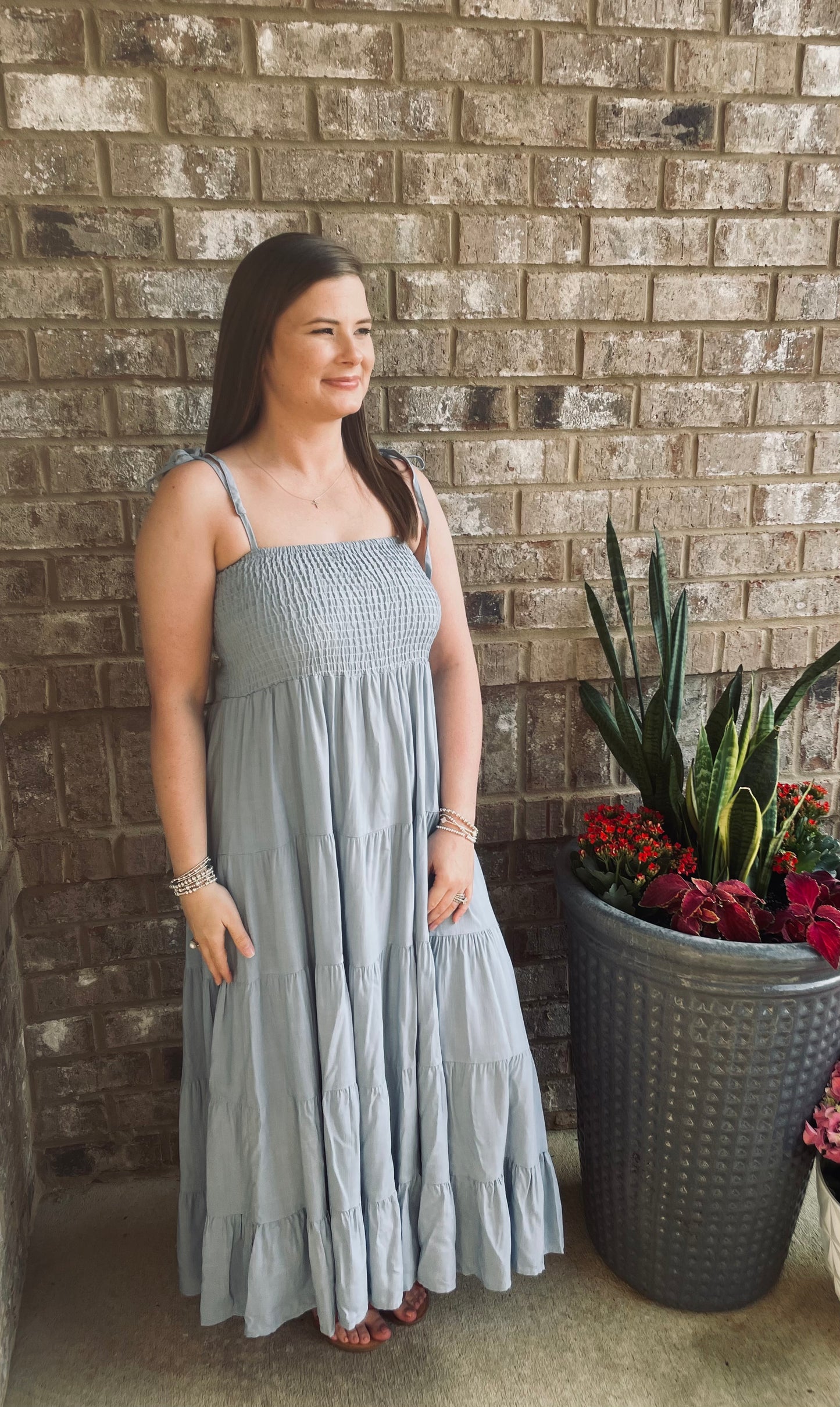 Blue Tie Smocked Maxi Dress